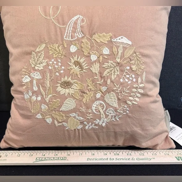 2 Cream Pumpkin / Floral Linen Embroidered Pillows 15” - Picture 5 of 8